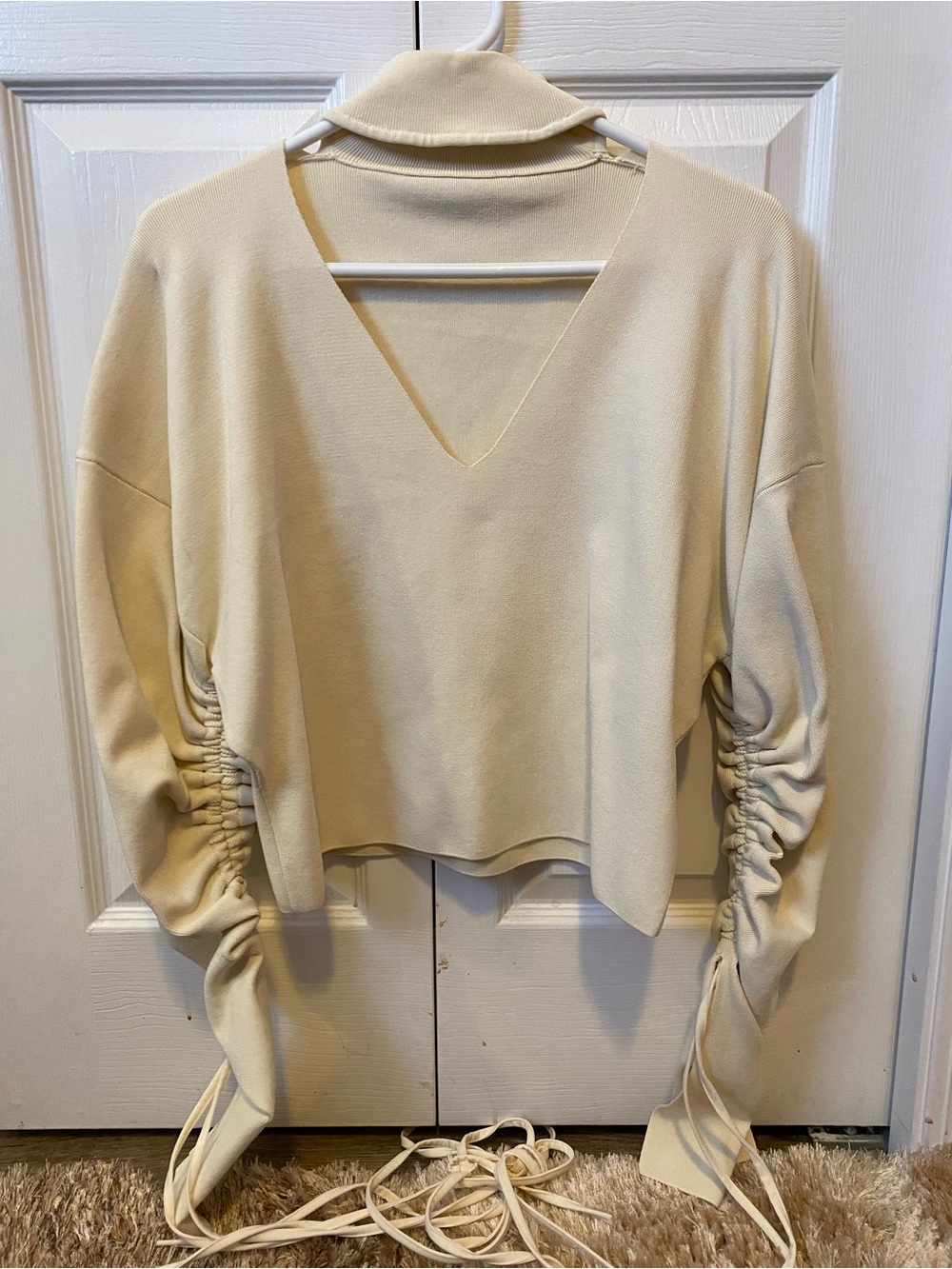 Cream V-Neck Long Sleeve Top